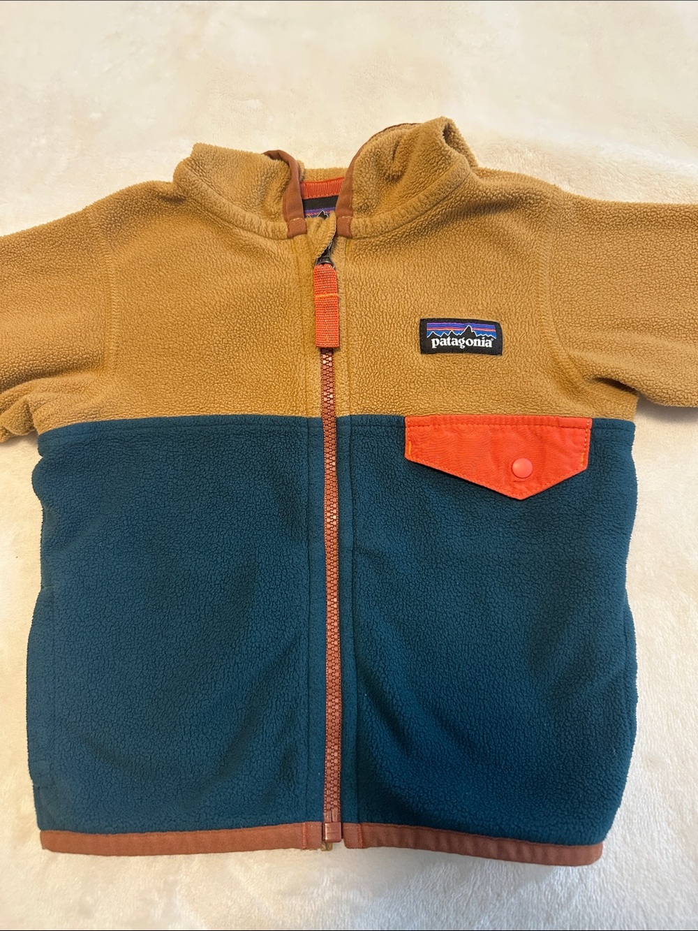 Patagonia Kids Colorblock Fleece Jacket w/ Hood - Mustard, Blue & Orange 3-6M